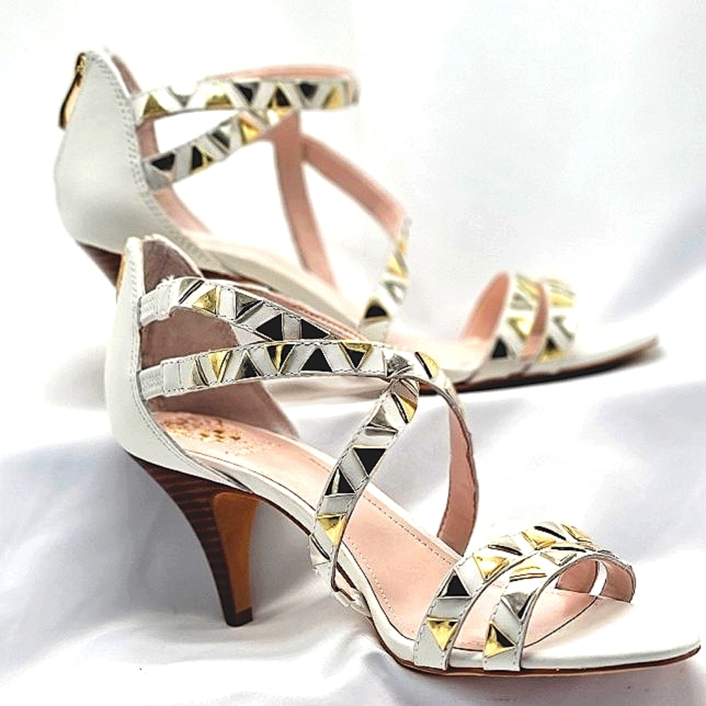 White leather strappy sandle, gold studs. Vince Camuto. Never worn. New in box.